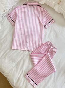 SHEIN Girl Teen Faux Silk Pink & White Striped Cardigan Pajama Set