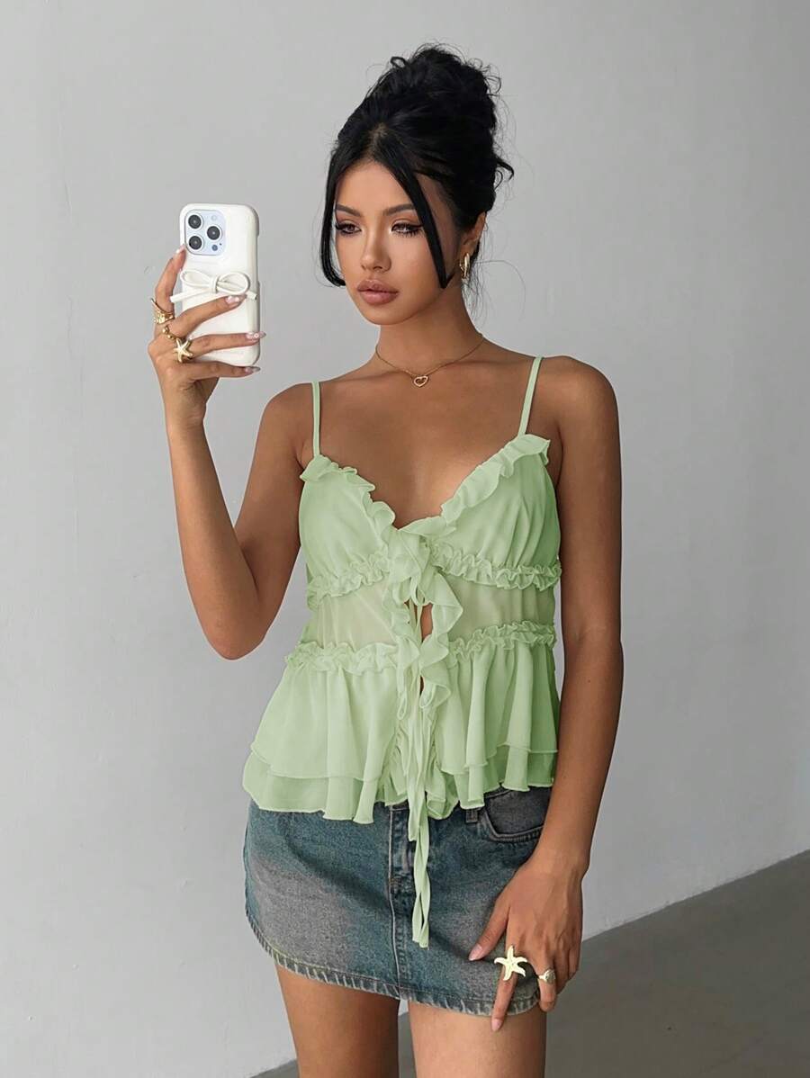 Aloruh 女士优雅纯色荷叶边吊带背心，适合夏季穿着 - 綠色 - 查看 1