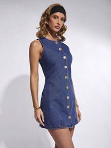 COSMINA Women Summer Casual Front Button Mini Denim Dress - Navy Blue - View 4