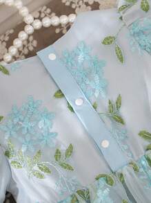 SHEIN Sukienka rozkloszowana dla dziewczynki w kolorze różowym, elegancka i słodka, z miękkiego tiulu, z okrągłym dekoltem i luźną talią, z kokardą, odpowiednia na imprezę i spotkanie - Niebieski - Zobacz 4