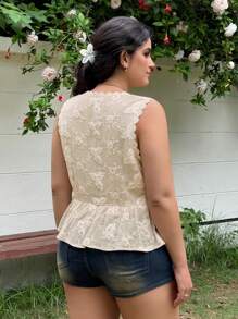 SHEIN EZwear 大码女式夏季休闲花卉刺绣无袖上衣 - 杏色 - 查看 2