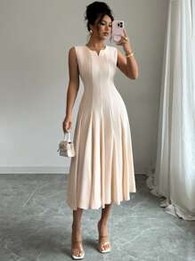 Rafferiza 女式纯色 V 领无袖褶皱优雅中长连衣裙，夏季 - 杏色 - 查看 3