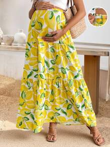 SHEIN Maternity Fruit Print Ruffle Hem Adjustable Waist Casual Mini Yellow Skirt For Holiday,Vacation,Vacay Outfits Women - Yellow - View 1
