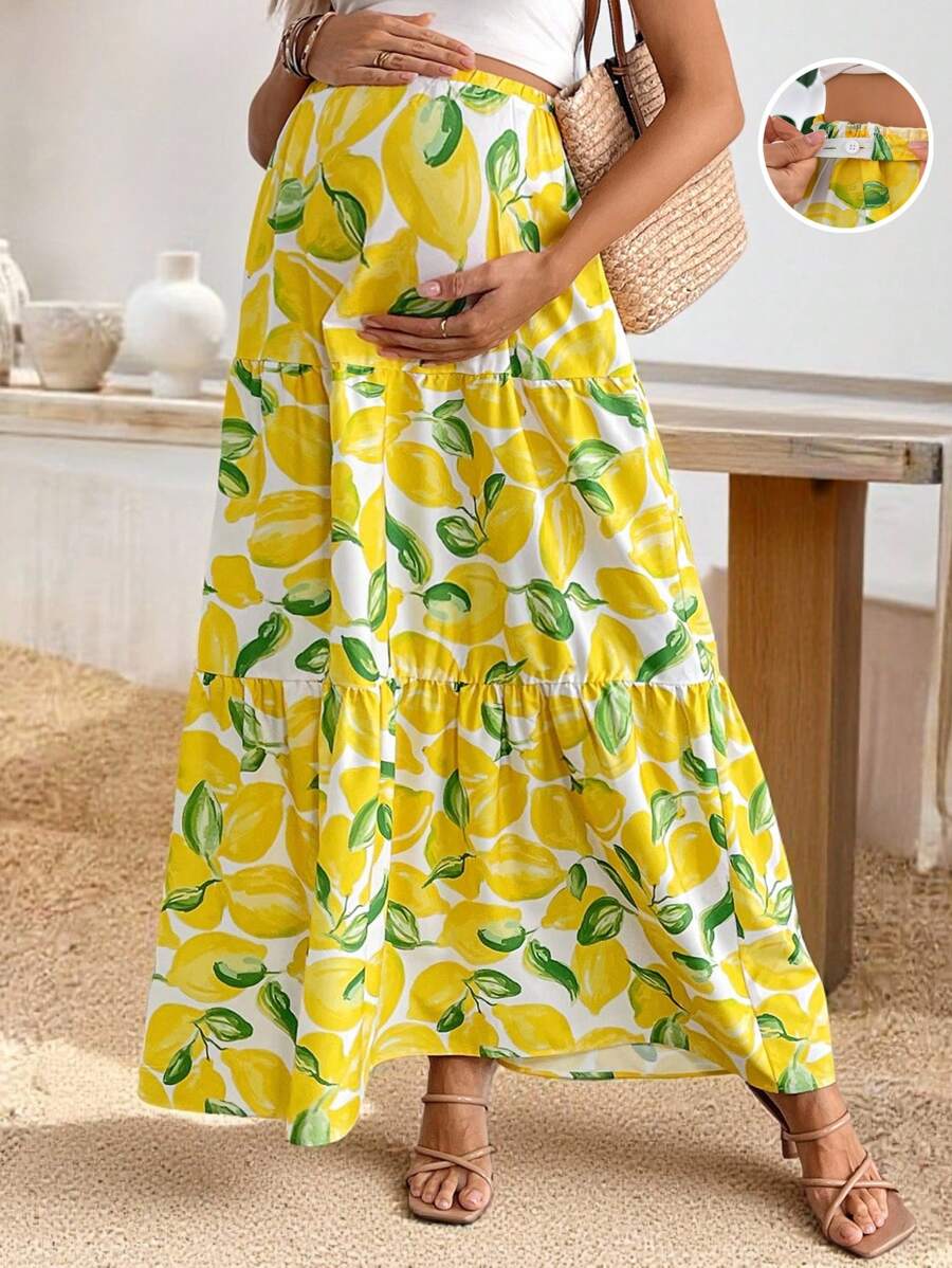 SHEIN Maternity Fruit Print Ruffle Hem Adjustable Waist Casual Mini Yellow Skirt For Holiday,Vacation,Vacay Outfits Women - Yellow - View 1