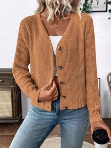 Calvaya Versatile V-Neck Cardigan Sweater, Loose Casual Simplistic Open Front Knit Jacket For Women Fall Winter Cloth For Women - Rust Brown - View 5