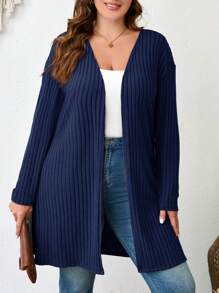 SHEIN LUNE Plus Size Plain Color Ribbed Knit Cardigan For Spring And Autumn Winter Clothes,Fall Women Clothes,Fall Clothes For Women - Navy Blue - View 1