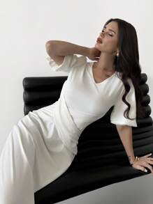 Firerie Damen elegantes, romantisches Qualitätskleid mit V-Ausschnitt, Puffärmeln, Taille mit Raffung und A-Linie Rock, für Cocktailparty, Urlaub und täglich, weiß