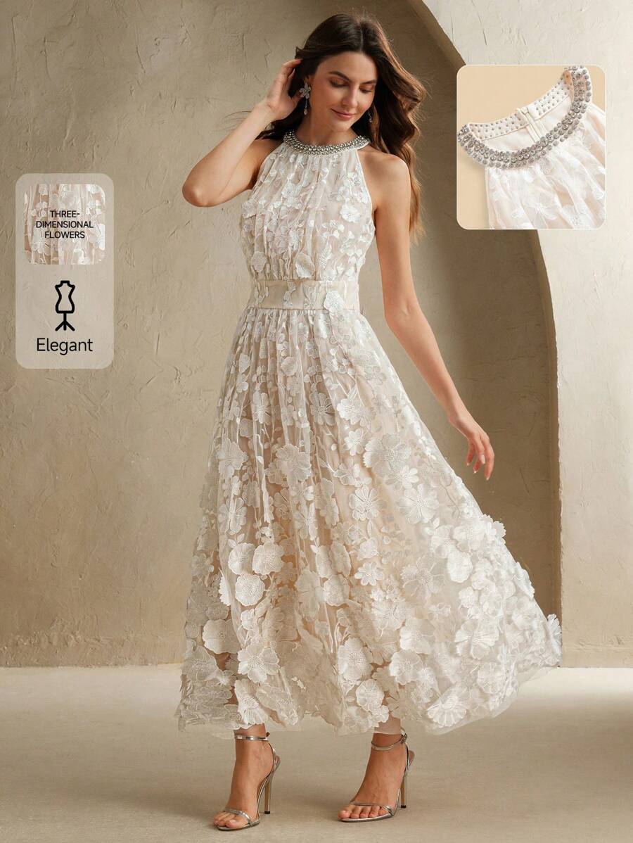 Anewsta Đầm dài thanh lịch cổ chữ V đính hoa 3D mới, eo thắt chặt dành cho nữ, thích hợp cho mùa hè, lễ hội, thanh lịch, ngày lễ, kỳ nghỉ, tiệc tùng, khách dự tiệc cưới - trắng - Xem 1