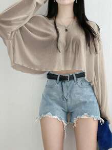 DAZY Women's Loose V-Neck Short Solid Color T-Shirt, Spring/Summer Sheer Long Sleeve Women Tops