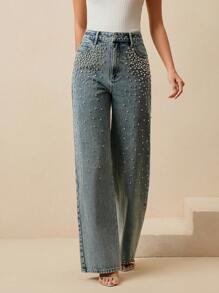 Anewsta 女士直筒水钻装饰优雅派对裤，适合春季、情人节、圣诞节穿着，显瘦。 - 藍色 - 查看 5