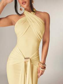 Silquee Women's Elegant Overlapping Design Long Sleeve Maxi Dress, Front Center Slit, Metal Button Decor, Stretchy Knit Fabric, Suitable For Party, Cocktail And Romantic Date, Autumn/Winter, Yellow Formal Dress Gold Formal Dresses For Women Glamorous Gown Goddess Dress Slaydiva Dresses Yellow Gown Halter Neck Gown