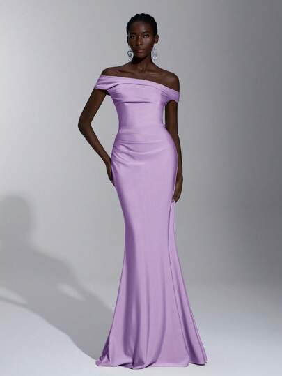 Elitara 优雅华丽的露肩褶饰美人鱼裙，适合婚礼、派对、蜜月、舞会、伴娘（成人）