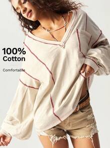 Bohemela 大码女式V领撞色缝线落肩长袖口袋休闲T恤 - 杏色 - 查看 3