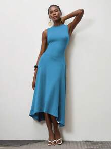 Lumivelle 女式无袖纯色圆领不对称下摆连衣裙，春夏