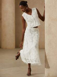 Aveloria Rosie 2-teiliges französisches elegantes 3D Blumen Design Trägerhemd und Mini Rock Set für Damen - Aprikosenfarben - Übersicht 2