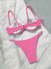 Soleia 2 sztuki/zestaw damski wojskowy zielony dzianinowy teksturowany kubek plisowany skręcony strój kąpielowy bikini - Różowy - Zobacz 2