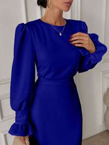 EURMUSE Frenchy Frill Sleeve Maxi Dress With Lining - Royal Blue - View 6