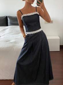 DAZY Conjunto de falda de línea A con tirantes de espagueti y encaje de contraste, ropa de resort casual de verano para damas, conjunto de jeans