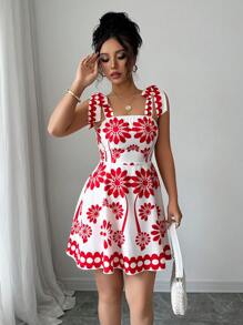Elenzga 春夏新款时尚休闲度假系带设计花卉印花小众收腰无袖吊带连衣裙女 - 彩色 - 查看 5