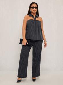 SHEIN SXY Plus Size Women's Sleeveless Black Striped Casual Blouse,Black And White,Summer,Elegant,Night Out Club Office Siren Retro Chic Flatter The Figure - Multicolor - View 3