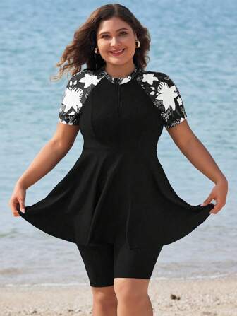 Swim Mulvari Plus Size Loose Floral Print Tankini Swimsuit Plus Size Beach Dress