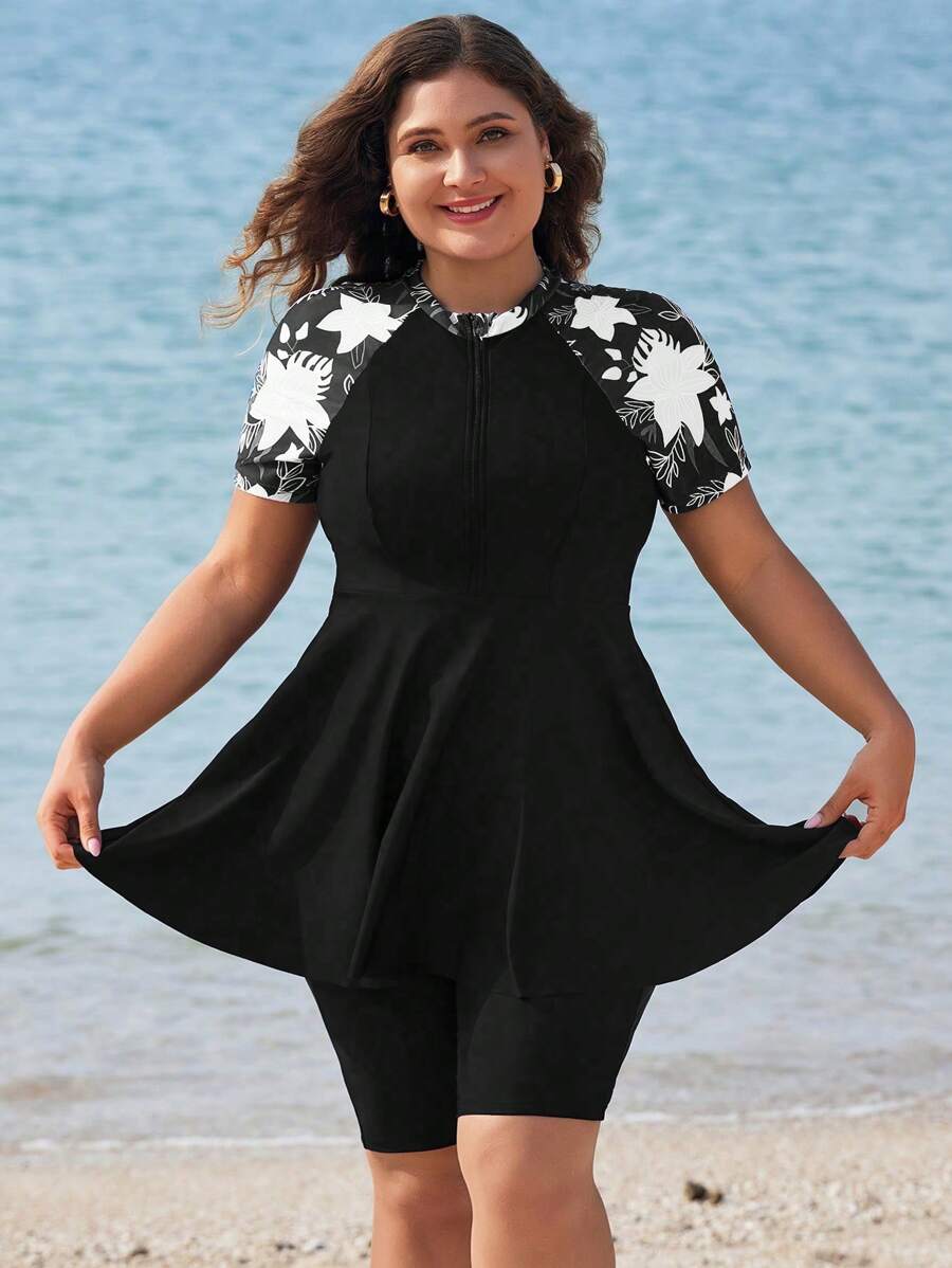 Swim Mulvari Plus Size Loose Floral Print Tankini Swimsuit Plus Size Beach Dress For Summer Beach Vacation