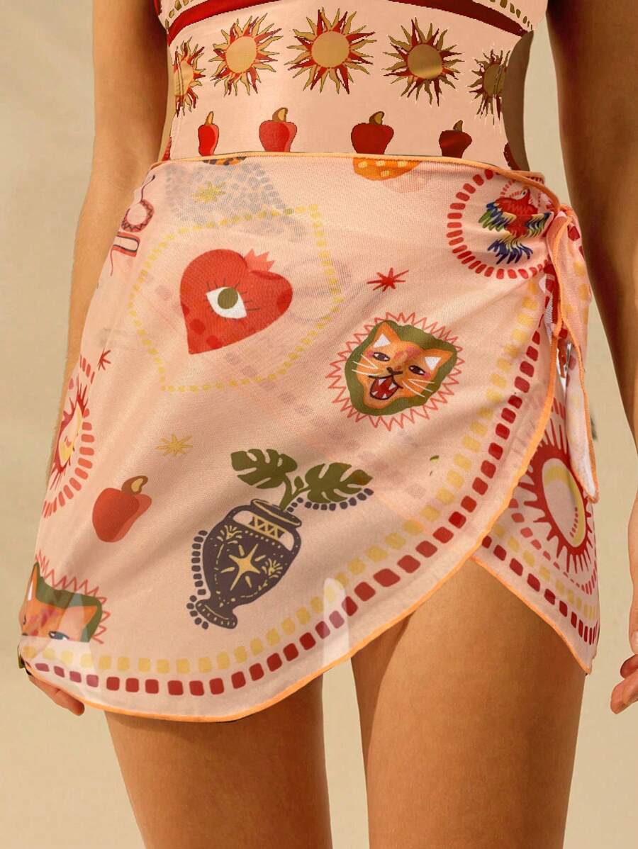 CAJUNI 女士波西米亚豹纹、蛇纹、龟背竹纹、太阳和月亮印花、休闲夏季沙滩游泳裹身裙、乡村音乐会 - 彩色 - 查看 1