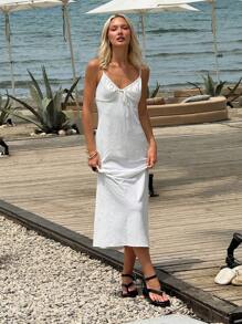 SHEIN EZwear Women's Clothing Holiday Casual White Bohemian Style Beach Seaside Lace-Up Slim Adjustable Shoulder Strap Long Dress - White - View 6