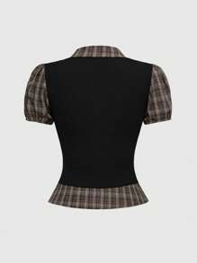 ROMWE Goth Camicia/blusa vintage gotica con stampa a scacchi e design a pannelli per donne, outfit da indossare per il ritorno a scuola, la laurea e l'estate