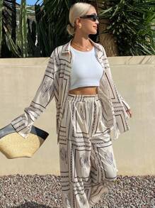 DAZY 2pcs Sets Women Loose Casual Linen Style Holiday Outfits, Summer - Beige - View 4