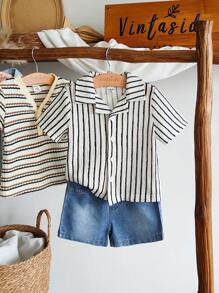 SHEIN Baby Boy Summer Polo Collar Short Sleeve Stripe Shirt Paired With Fashionable Denim Shorts Set, Suitable For Outings And Vacations - Multicolor - View 3