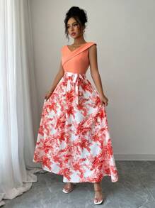 Elenzga Women's Elegant Contrast Color Waist Printed Dress