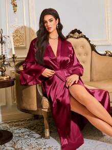 LuxeNights 法式优雅宽松长款睡袍，女士真丝睡袍，舒适优雅细节，秋冬款 - 酒紅色 - 查看 4