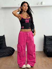 Coolane Áo yếm họa tiết tương phản Y2K Streetwear dành cho nữ - màu đen - Xem 2