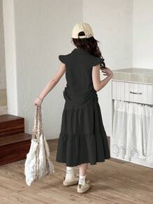 SHEIN Genkimix Kids Conjunto de 2 piezas para niñas con top tipo chaleco elegante y falda con volantes asimétricos en el bajo