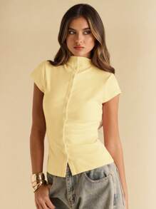 SHEIN BAE 女士秋季纯色立领上衣盖袖单排扣休闲女式上衣，纽扣式女式针织上衣 - 黃色 - 查看 6