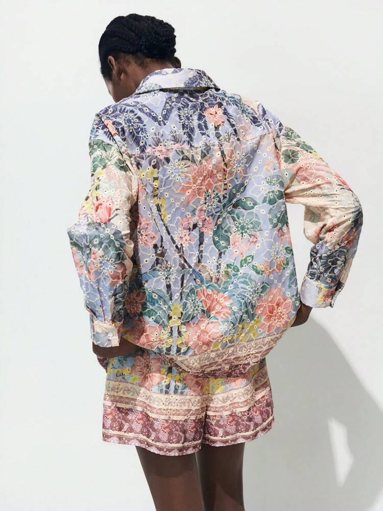 SHEIN Maija 꽃 프린트 서머 홀리데이 보헤미안 스타일 여성 셔츠 탑, 칼라, 수용성 레이스 중공직 소재, 페스티벌, 브런치, 캐주얼 & 편안한, 버서타일에 적합