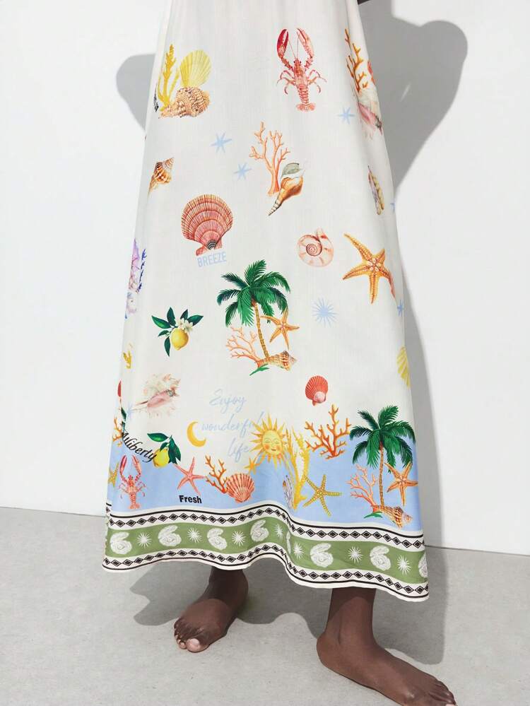 SHEIN Maija Damen Kleid mit Ozean-Element Muster, ärmelos, locker geschnittene A-Linie, bequemer lässiger Resort-Stil, geeignet für Land, Boho, Strand, Festival, Allround, Herbst