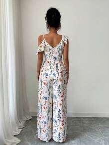 INAWLY Women's Elegant Asymmetrical Ruffle Collar Vacation Wide Leg Printed Jumpsuit