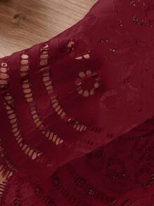 Sexy Große Größen Spitzen-Bralette-Top und Cut Out Spitzen-Shorts Set, verführerische Dessous - Bordeaux - Übersicht 7