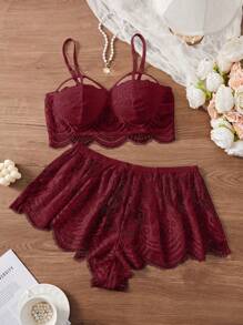 Sexy Große Größen Spitzen-Bralette-Top und Cut Out Spitzen-Shorts Set, verführerische Dessous - Bordeaux - Übersicht 9