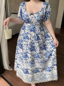 Dazy Plus Vestido maxi floral de manga corta ajustado con decoración de lazo de encaje en contraste
