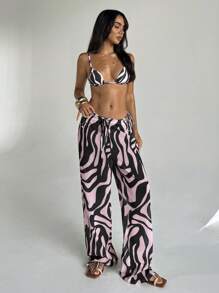 Aloruh 女士斑马印花低腰阔腿裤，沙滩装 - 粉色 - 查看 6