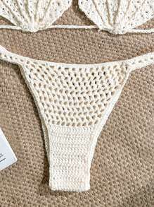 Soleia 全新贝壳风格针织比基尼套装，适合节日、钩针编织、可爱、卡哇伊露肩圣诞节上衣，适合学校返校服装，女士返校秋季服装，哥特女装，俱乐部服装，女士性感万圣节服装，俱乐部连衣裙，外出服装，音乐会服装，乡村音乐会服装 - 杏色 - 查看 5