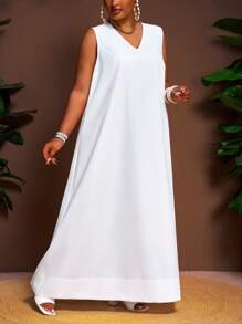 Veslaya Hàng mới về Xuân/Hè, Trang phục đi nghỉ mát, Trang phục đi làm, Trang phục thường ngày, Trang phục dạo phố, Đầm trắng trơn dáng chữ A cổ chữ V rộng rãi, vạt bất đối xứng, Kích cỡ lớn - Z, Đầm maxi cho ngày Valentine - trắng - Xem 5