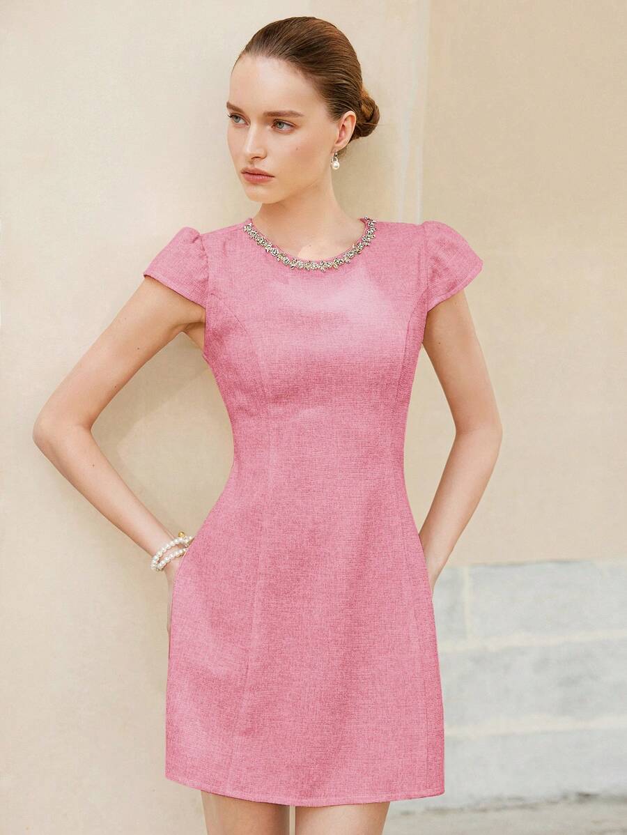 GENKIRA Đầm mini cổ tròn tay lửng đính pha lê tinh tế kiểu Pháp thanh lịch mới, phong cách đơn giản tinh tế thích hợp cho hẹn hò - Hồng - Xem 1