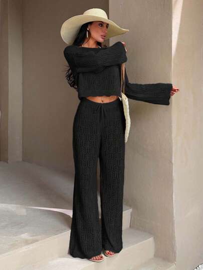 EURMUSE Ivory Open-Knit Two Pieces Set With Flared Pants And Long-Sleeve Top, Featuring A Lightweight And Breathable Fabric For Boho-Chic Styles Women For Summer Hollow Out
