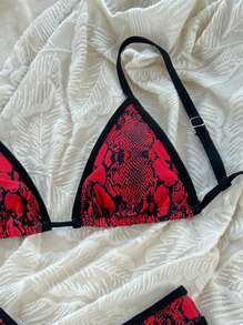 2pcs Printed Random Halter Crop Top With Leopard Pattern & Self-Tie Side Hipster Bottom Spaghetti Strap Bikini Swimwear Set For Summer Beach Vacation - Multicolor - View 5