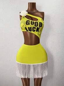 BamGleam 2025新款抢眼吉祥图案字母单肩紧身裹臀连衣裙带流苏装饰适合音乐节、演唱会、球赛、舞蹈服装、各类比赛 - 黃色 - 查看 1