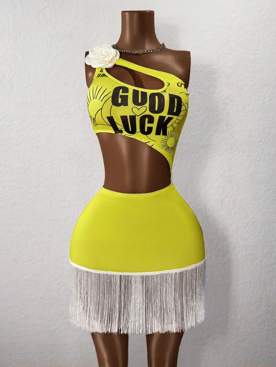 BamGleam 2025新款抢眼吉祥图案字母单肩紧身裹臀连衣裙带流苏装饰适合音乐节、演唱会、球赛、舞蹈服装、各类比赛 - 黃色 - 查看 1